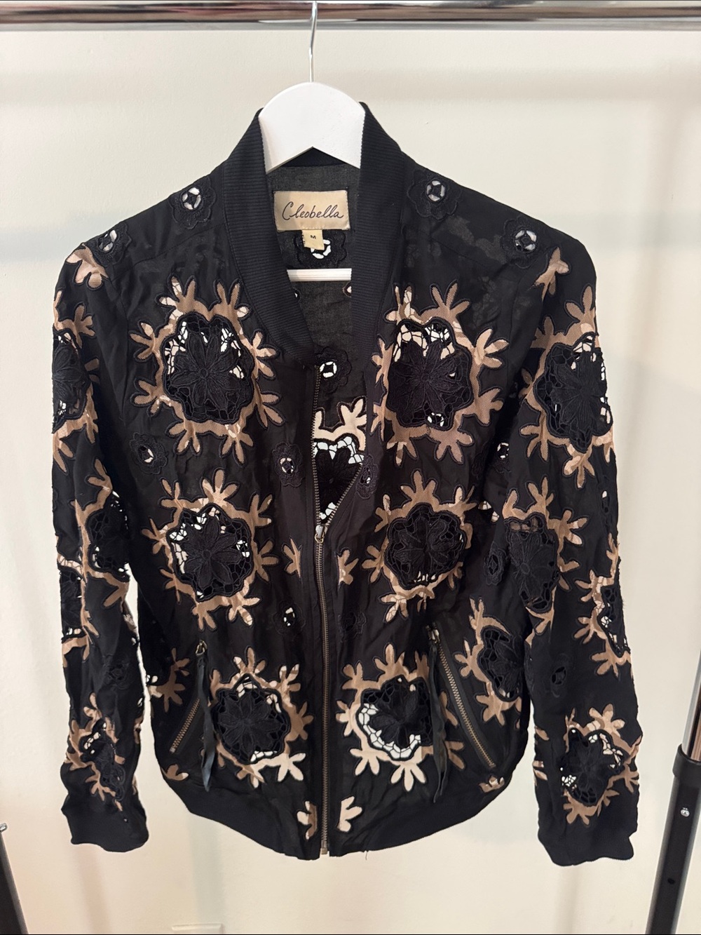Cleobella Black Bomber Jacket with Tan Embroidered Appliqués